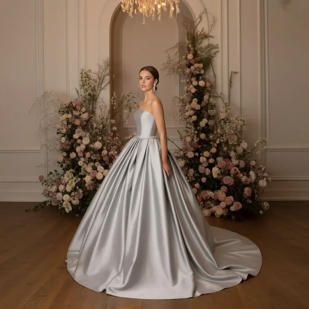 Top 15 Grey Bridal Dresses That Are Breaking Traditional Wedding Rules 12 Platinum grey strapless ballgown with classic timeless elegance