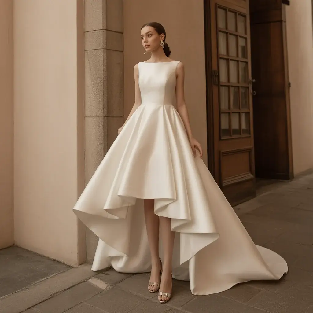 Top 13 Crepe Material Wedding Dresses Trending on Pinterest 13 Playful high-low crepe wedding dress with shorter front hem and elegant flowing back