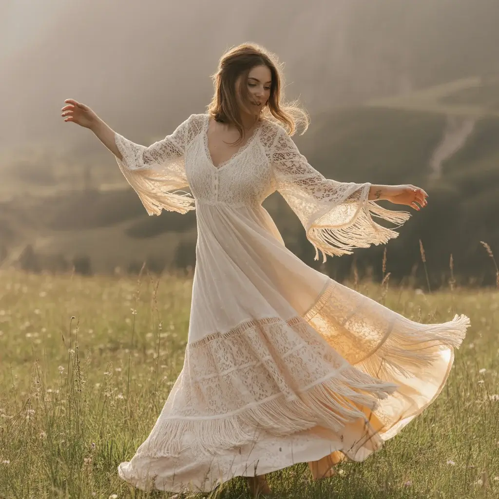 Playful long sleeve lace boho dress with fringe details and dynamic movement elements