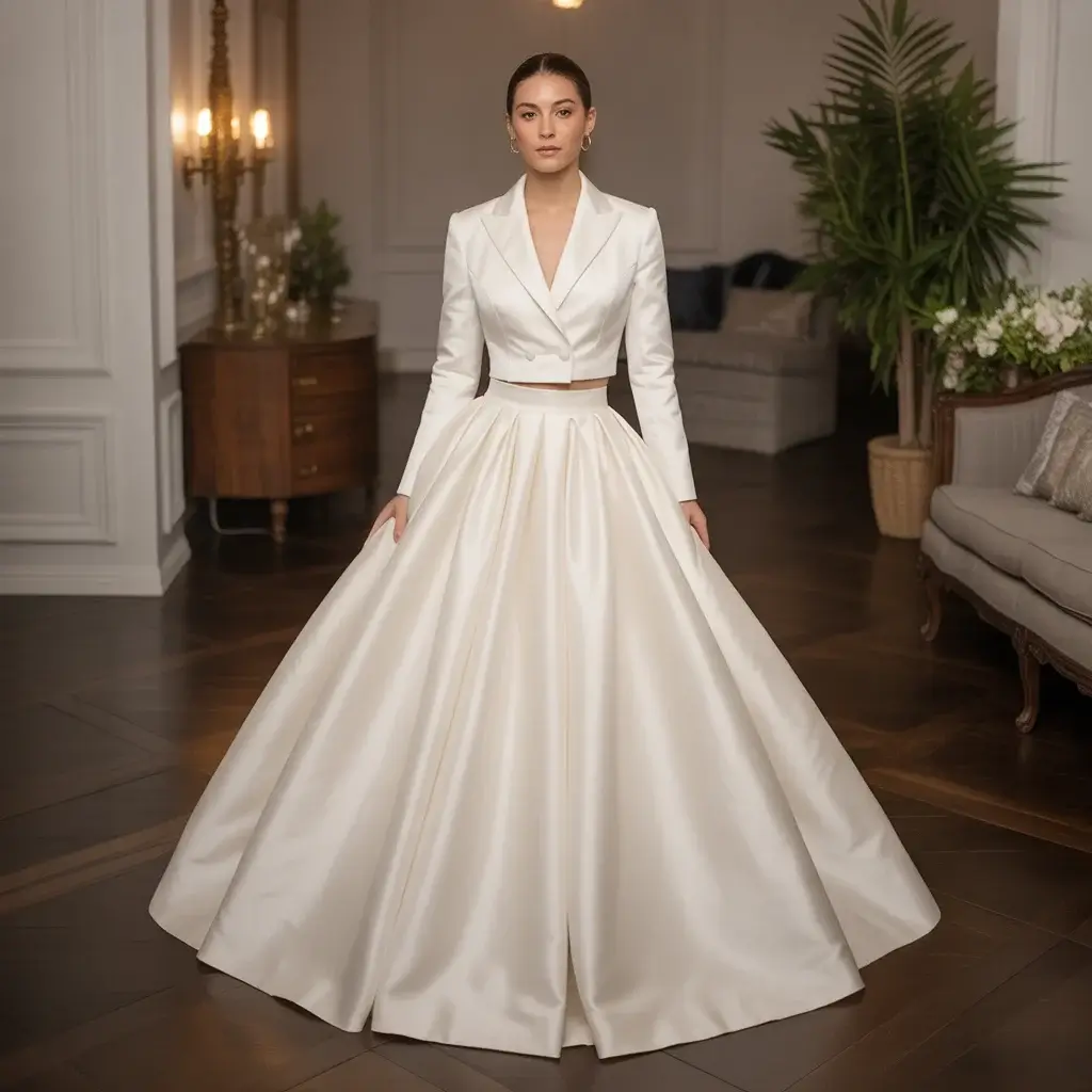 Playful white cropped tuxedo jacket wedding ensemble with full circle skirt