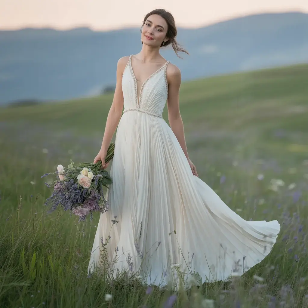 Pleated Bodice Flowing Gown