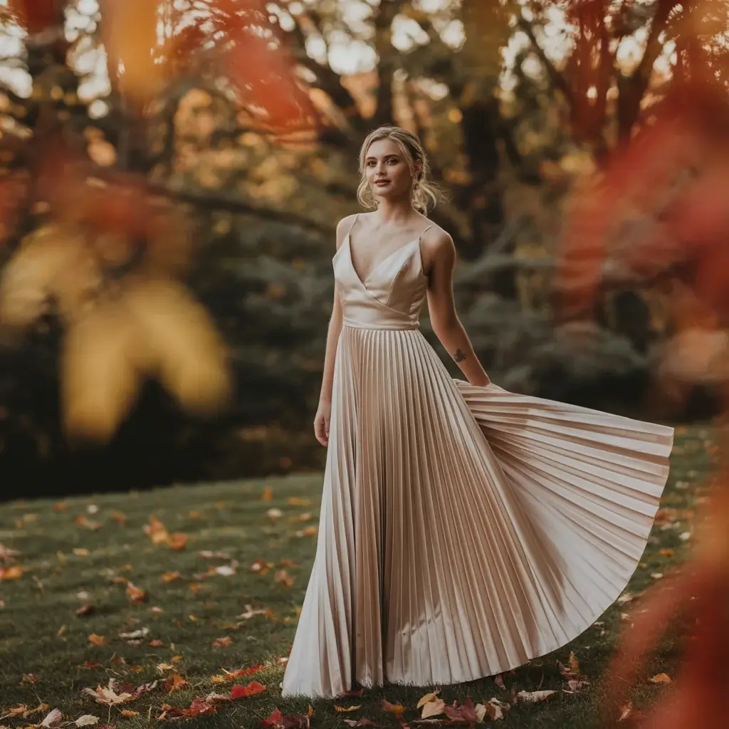 Top 15 Fall Formal Wedding Attire Looks That Are Trending Right Now 3 Pleated Satin Maxi