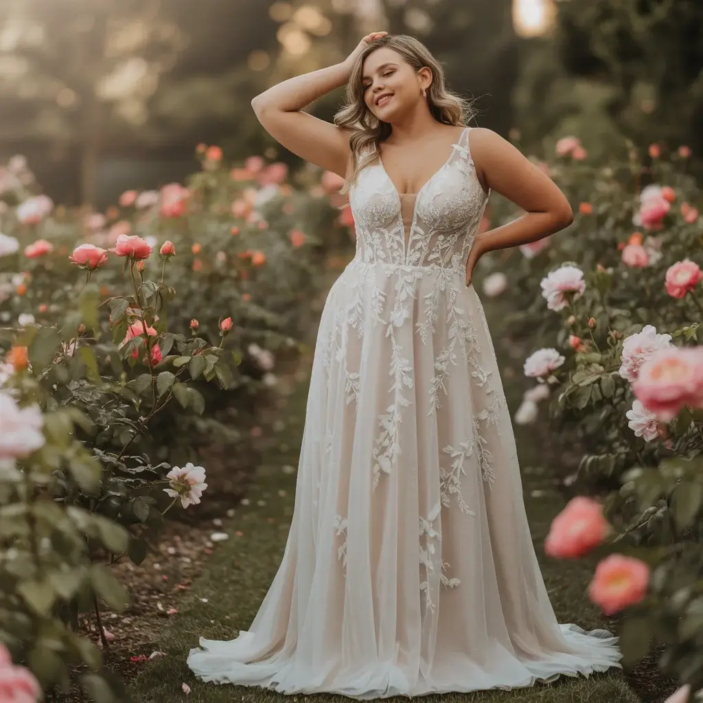 Top 13 Plus Size Wedding Dresses to Hide Stomach That Brides Are Pinning Right Now 13 Plunging V-Neck with Floral Appliques Gown