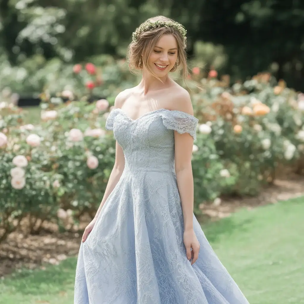 Powder Blue Off-the-Shoulder Lace wedding Gown