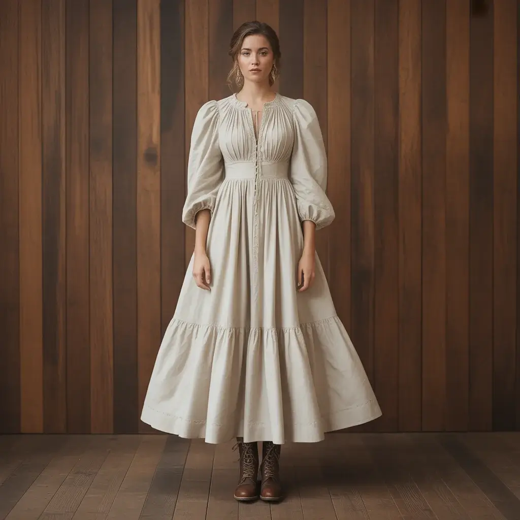 Prairie-style wedding dress with gathered sleeves and traditional lace-up leather boots