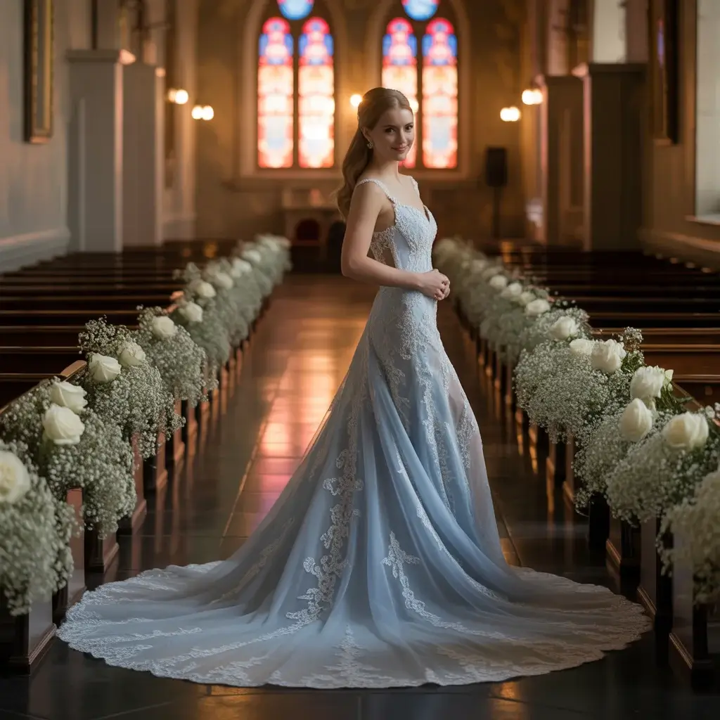 Prussian Blue Lace Cathedral Train Gown
