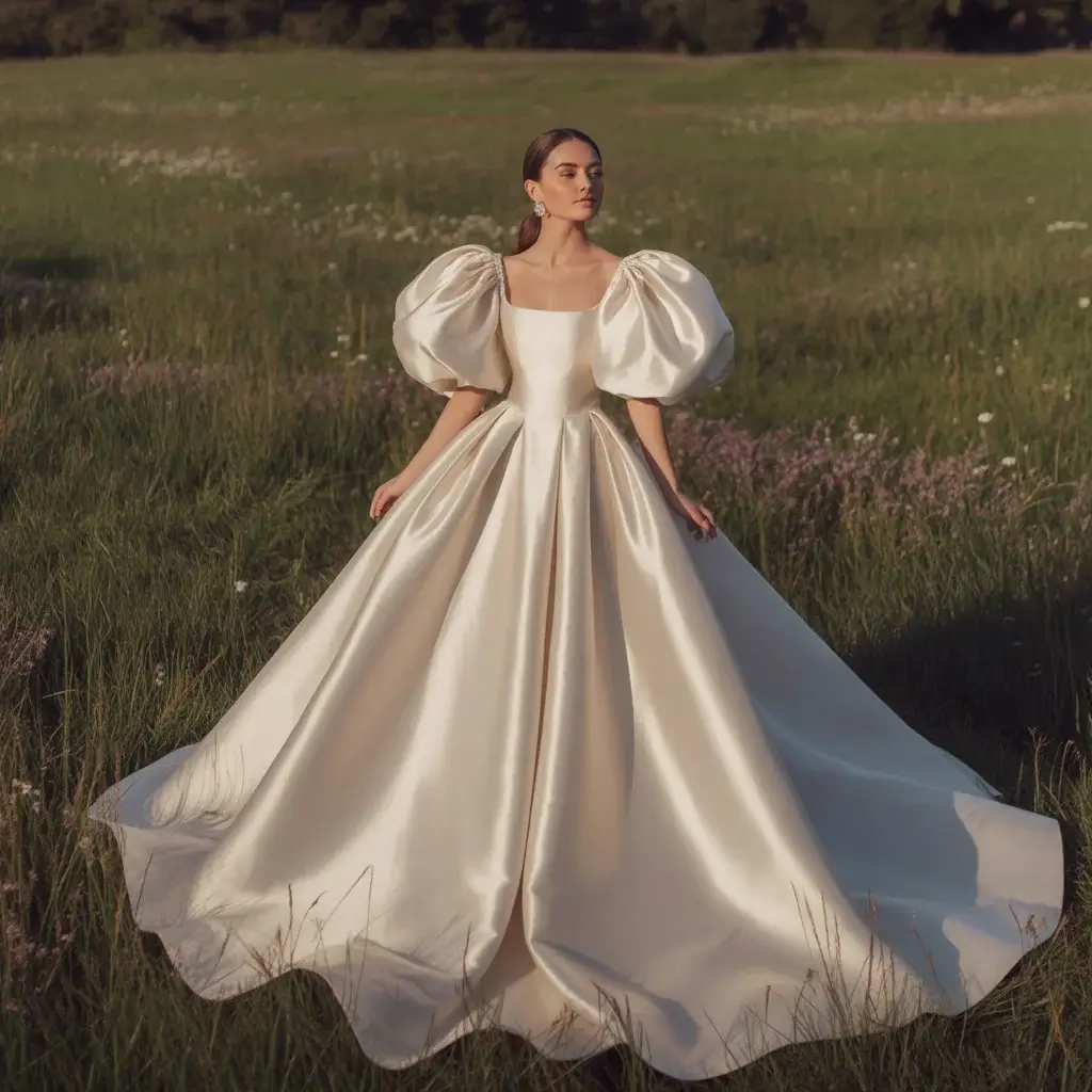 17 Wedding Dresses with Poofy Sleeves Brides Love 14 Regal Satin Puff Sleeve Ballgown