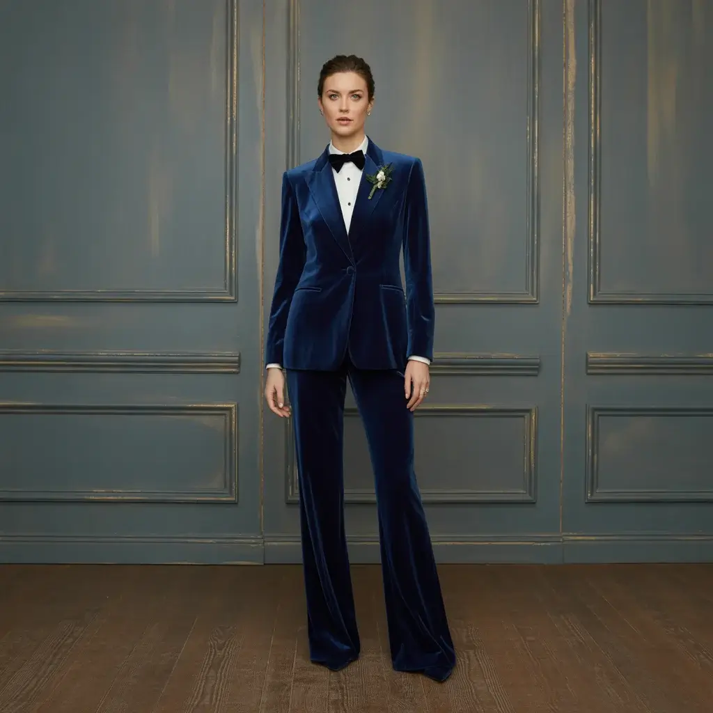 Rich navy blue velvet tuxedo wedding suit with luxurious texture and classic tailoring