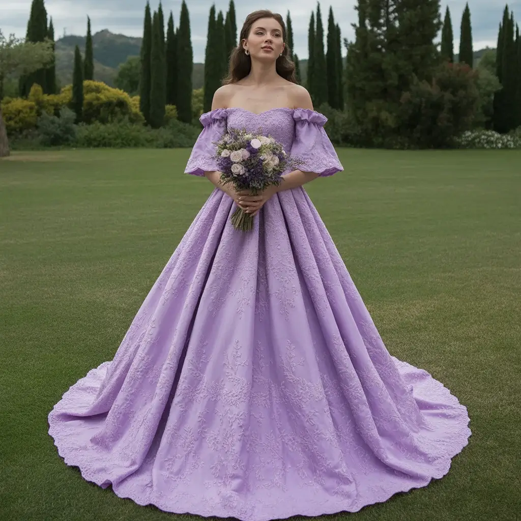 Romantic Lavender Embroidered Off-Shoulder Dress