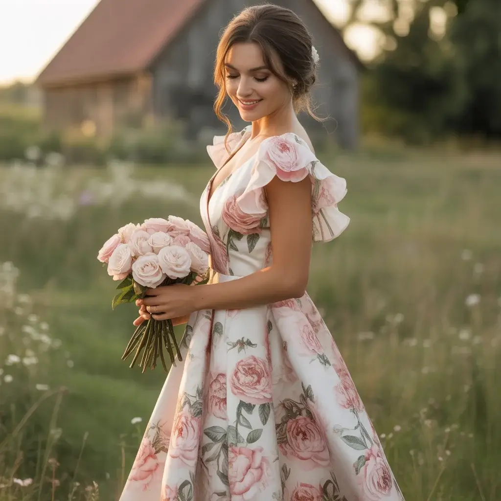 Romantic Peony Print Tea-Length Dress