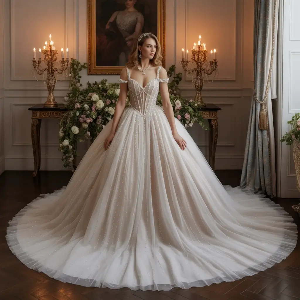 Romantic Tulle Princess Gown with Pearl Accents
