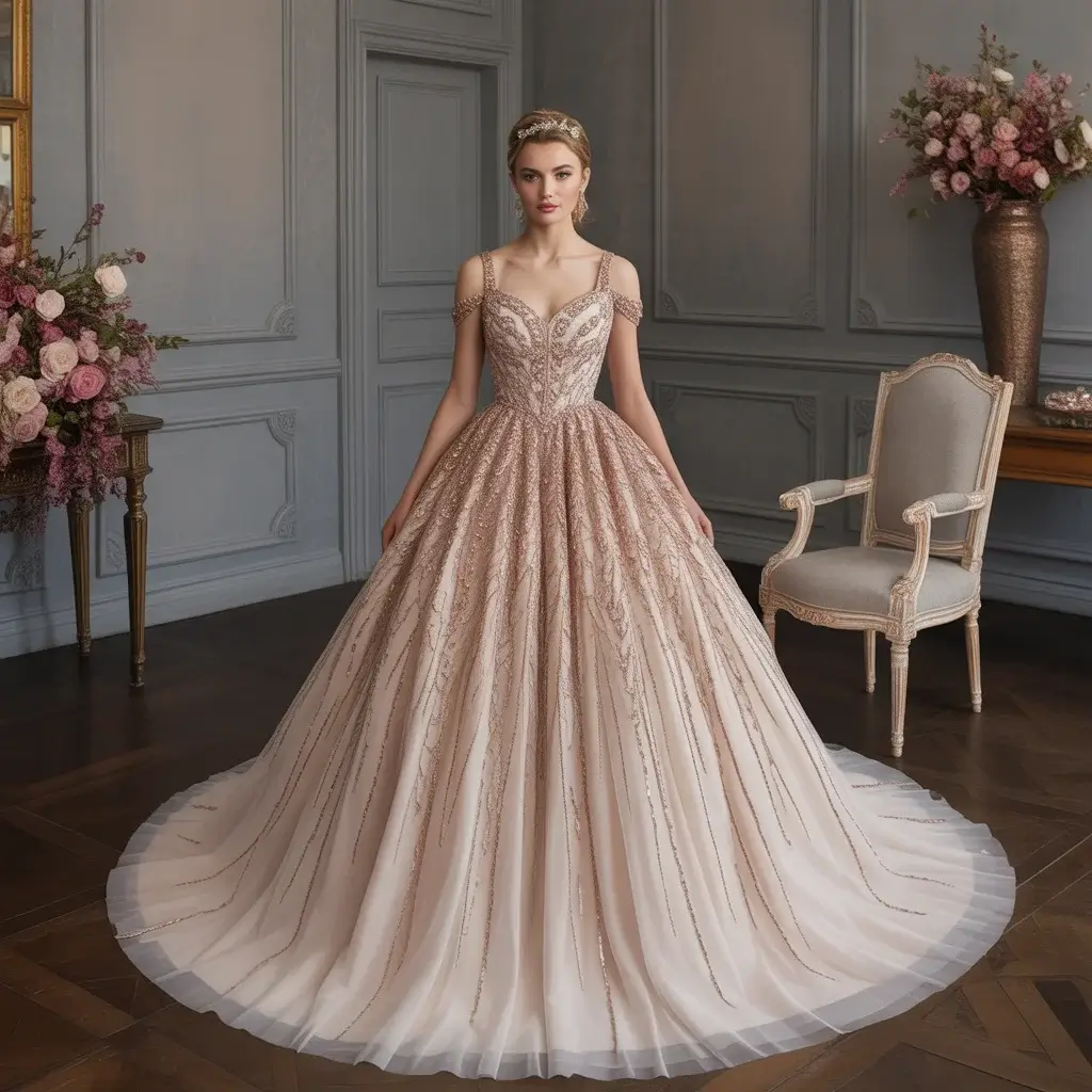 Romantic ballgown with rose gold beaded embellishments and blush undertones