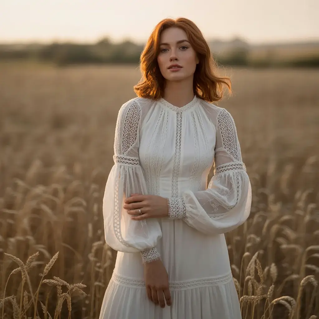 Romantic blouson sleeve lace boho wedding dress with gathered volume and intricate lace patterns