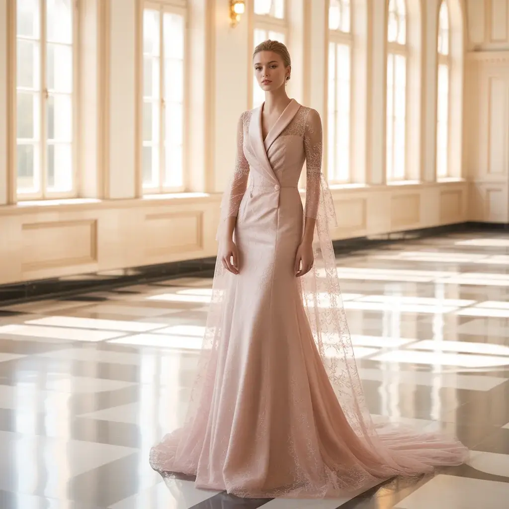 Romantic blush pink tuxedo wedding dress with fitted silhouette and soft tailoring