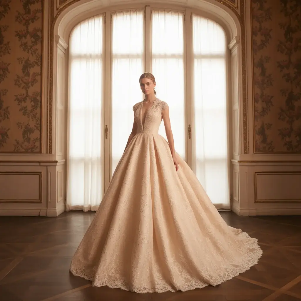 Romantic champagne lace tuxedo inspired wedding gown with delicate texture and structured details