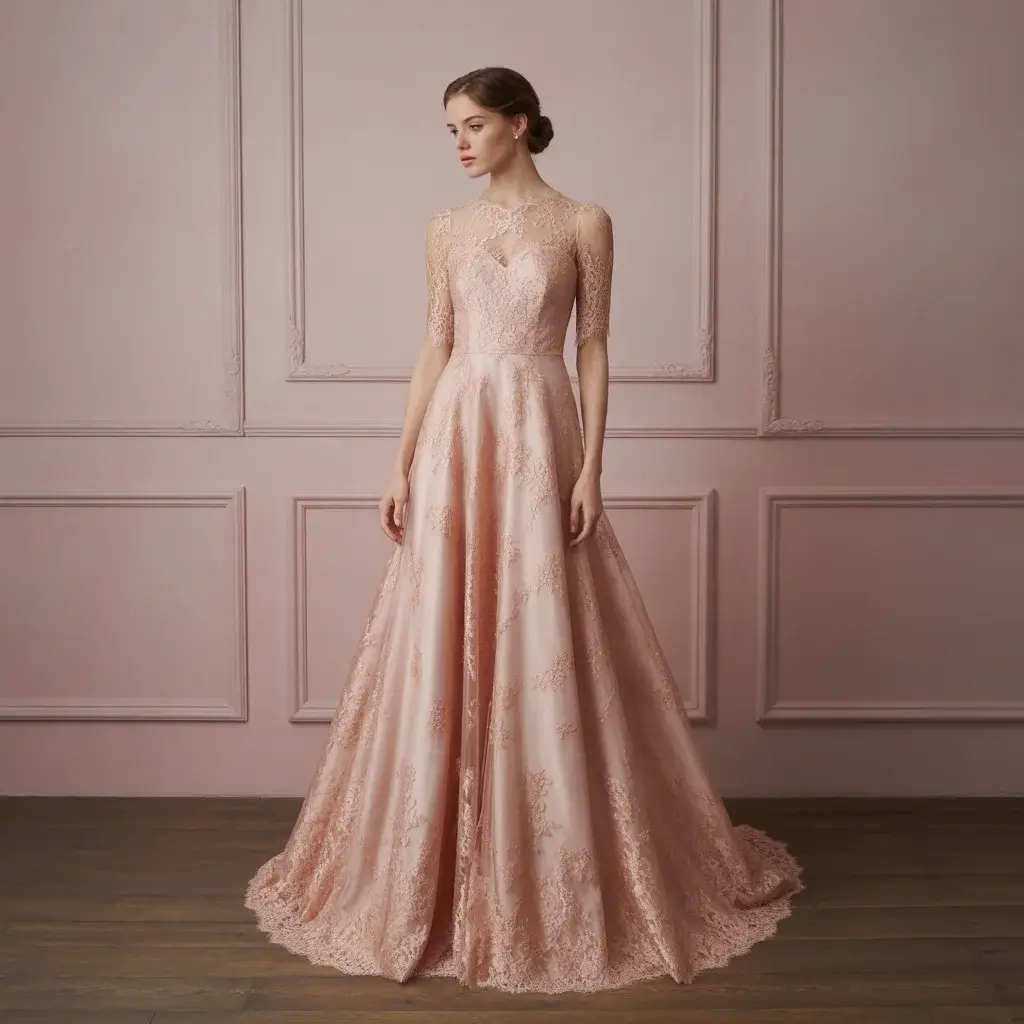 Top 15 Rose Gold Dresses That Are Trending on Pinterest 10 Romantic dress in rose gold with delicate lace overlay and feminine silhouette