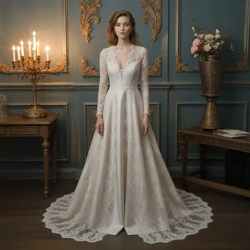 Romantic lace overlay silver dress with French Chantilly lace and satin foundation