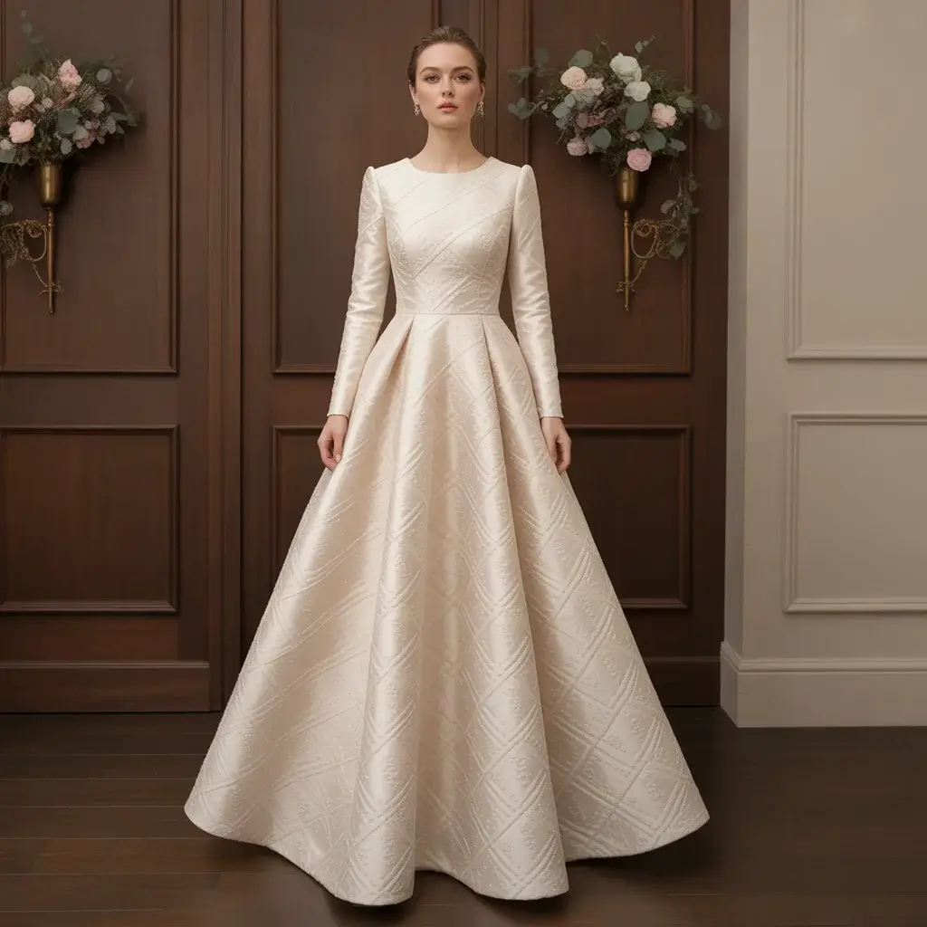 13 Jacquard Wedding Dresses Brides Are Saving 9 Romantic long-sleeve fit-and-flare dress with tone-on-tone jacquard design