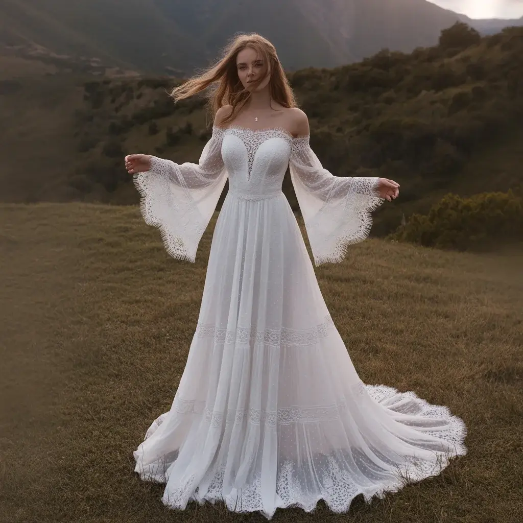 Romantic off-shoulder lace boho wedding gown with flowing sleeves and delicate lacework
