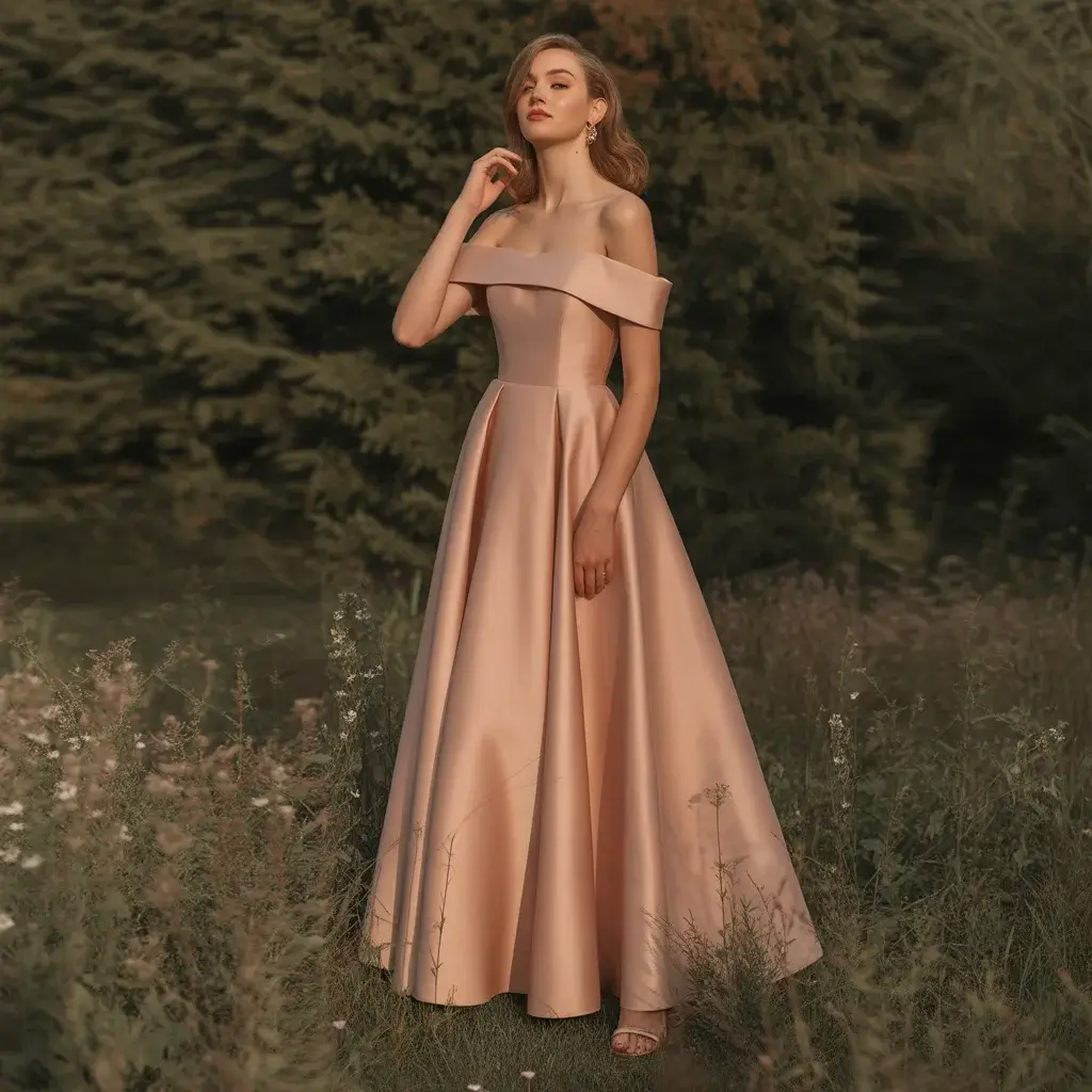 Top 15 Rose Gold Dresses That Are Trending on Pinterest 14 Romantic off-shoulder midi dress in rose gold with elegant neckline and flattering length