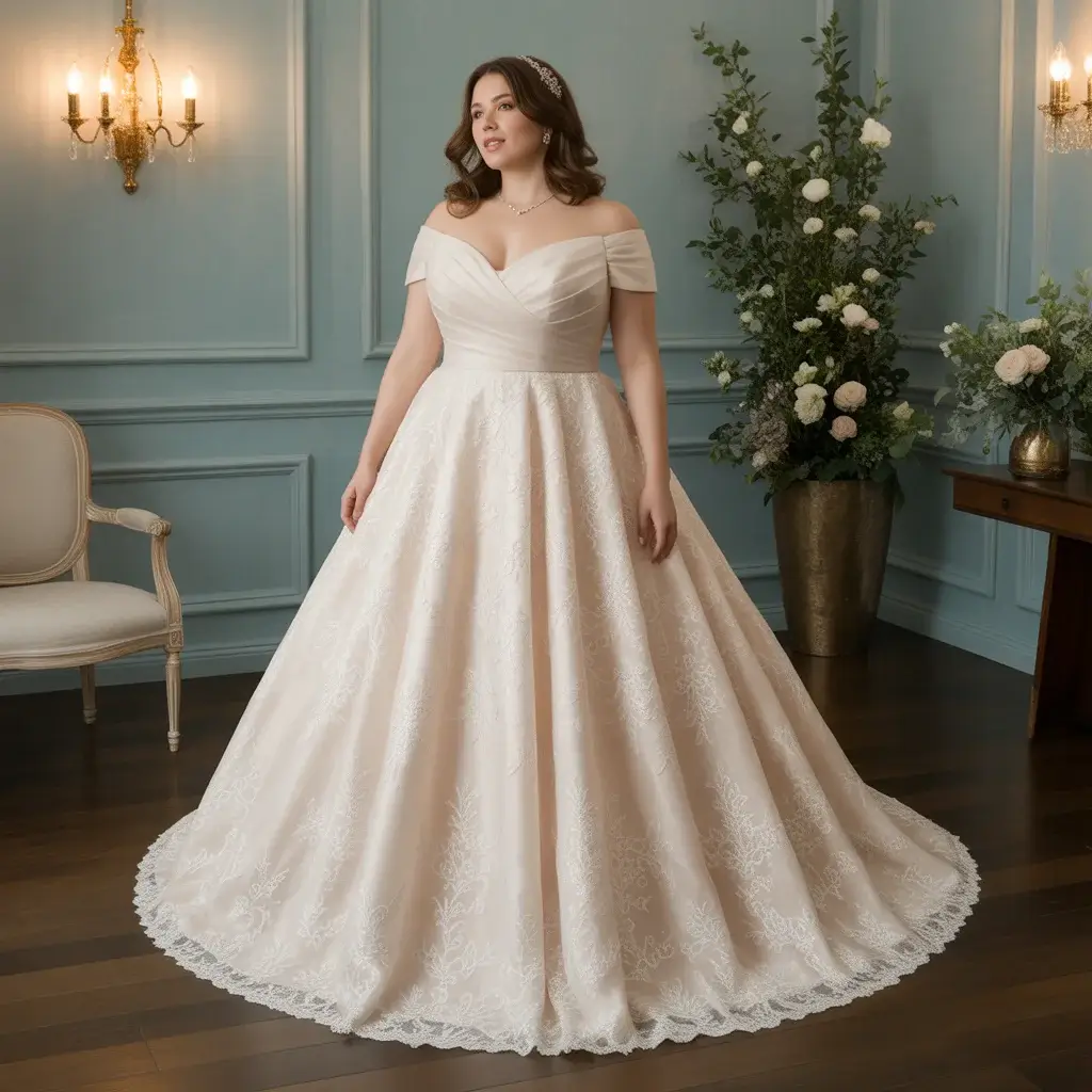 Romantic off-the-shoulder plus size wedding dress with elegant neckline and soft coverage
