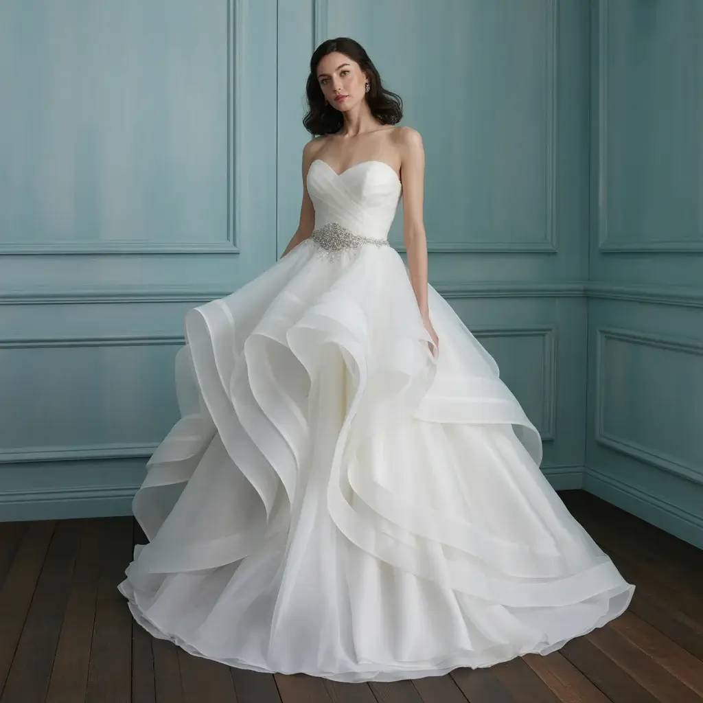 Romantic strapless sweetheart wedding gown with flowing silk organza layers and crystal details