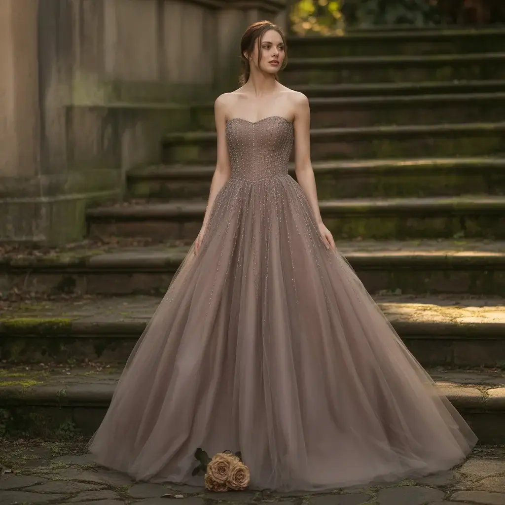 13 Brown Wedding Gowns Trending Right Now 6 Romantic taupe brown tulle princess wedding dress with beaded bodice