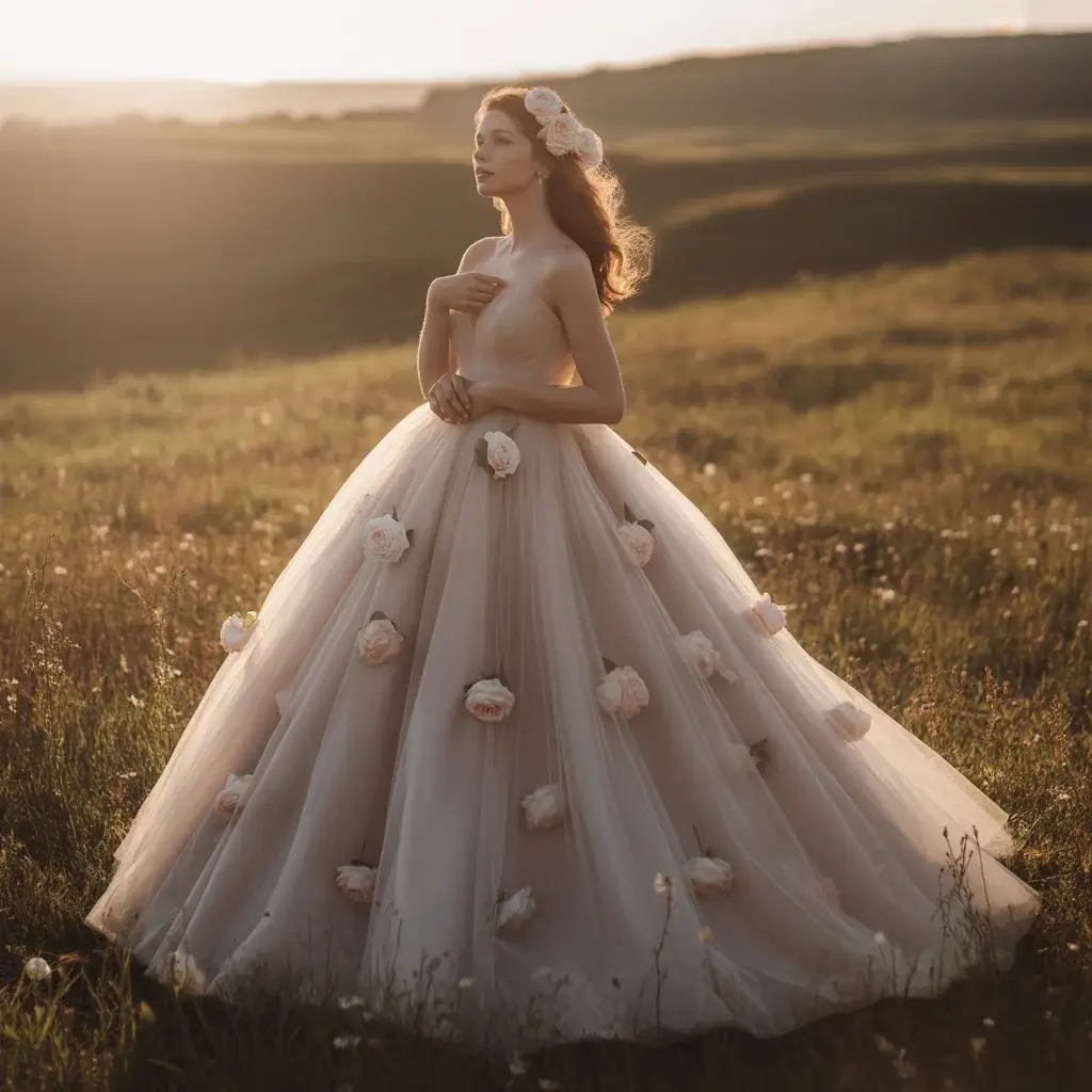 Romantic tulle ballgown scattered rose petals