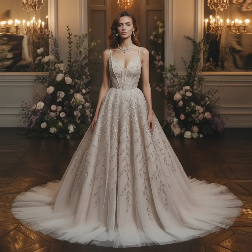 Romantic wedding dress with three-dimensional floral crystal appliqués on tulle skirt