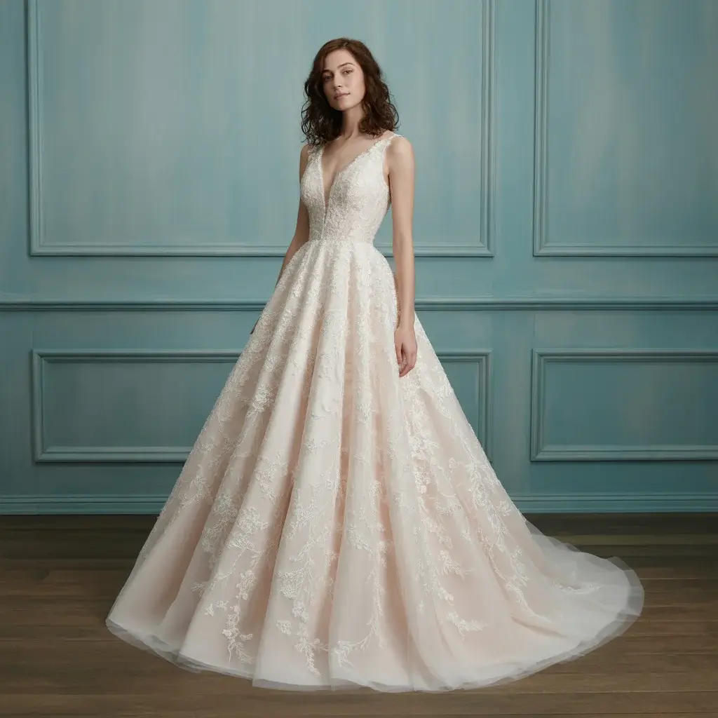 Romantic wedding gown with delicate floral lace overlay on tulle and organza layers