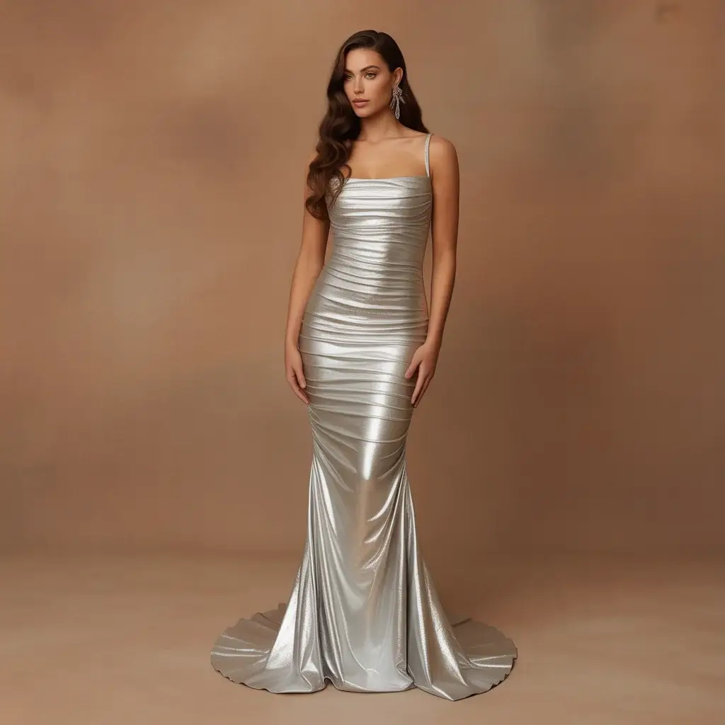 Ruched bodycon silver dress with strategic ruching and stretch metallic fabric