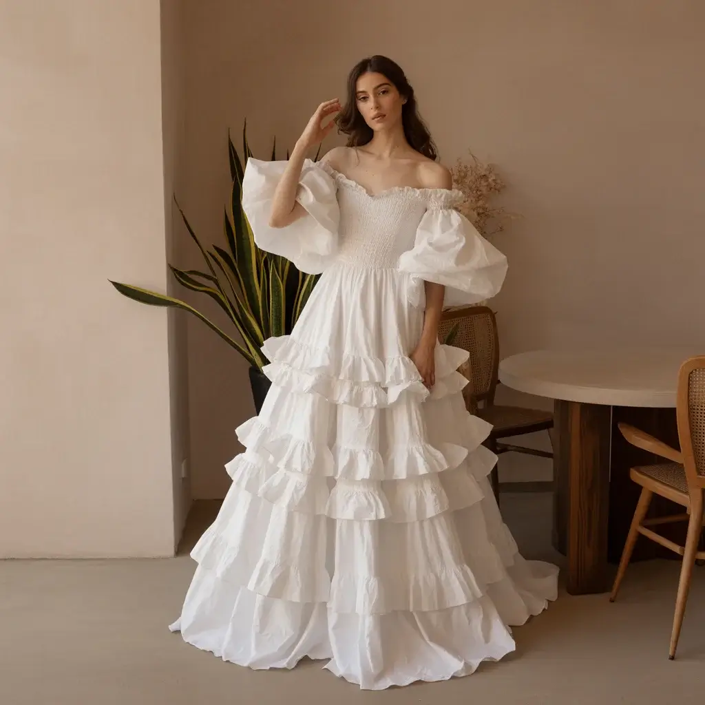 Top 13 Elopement Dresses Perfect For Your Intimate Wedding 12 Ruffled Off-Shoulder Dress