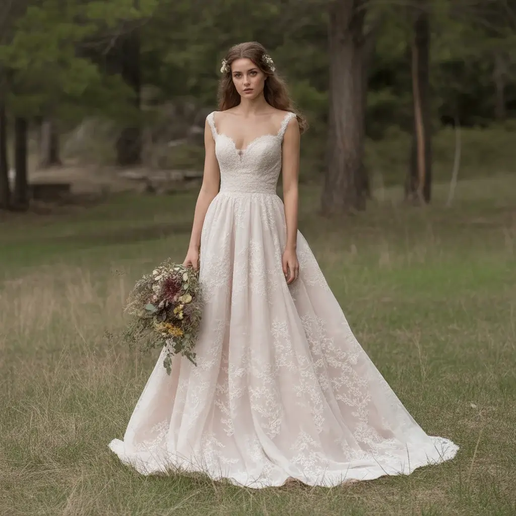 Rustic Lace Forest Sweetheart Wedding Gown With Country Elegance And Romantic Neckline Details