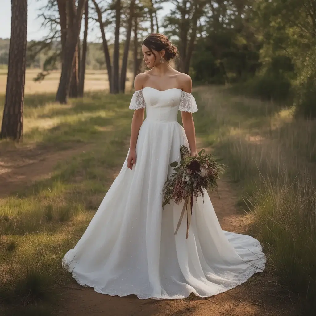 Rustic Off Shoulder Forest Wedding Gown With Country Charm And Romantic Neckline