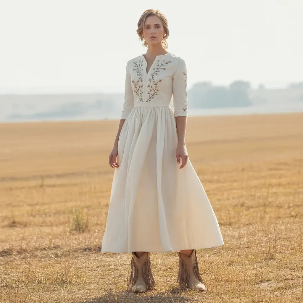 Rustic cotton wedding dress with embroidered details paired with suede fringe cowboy boots