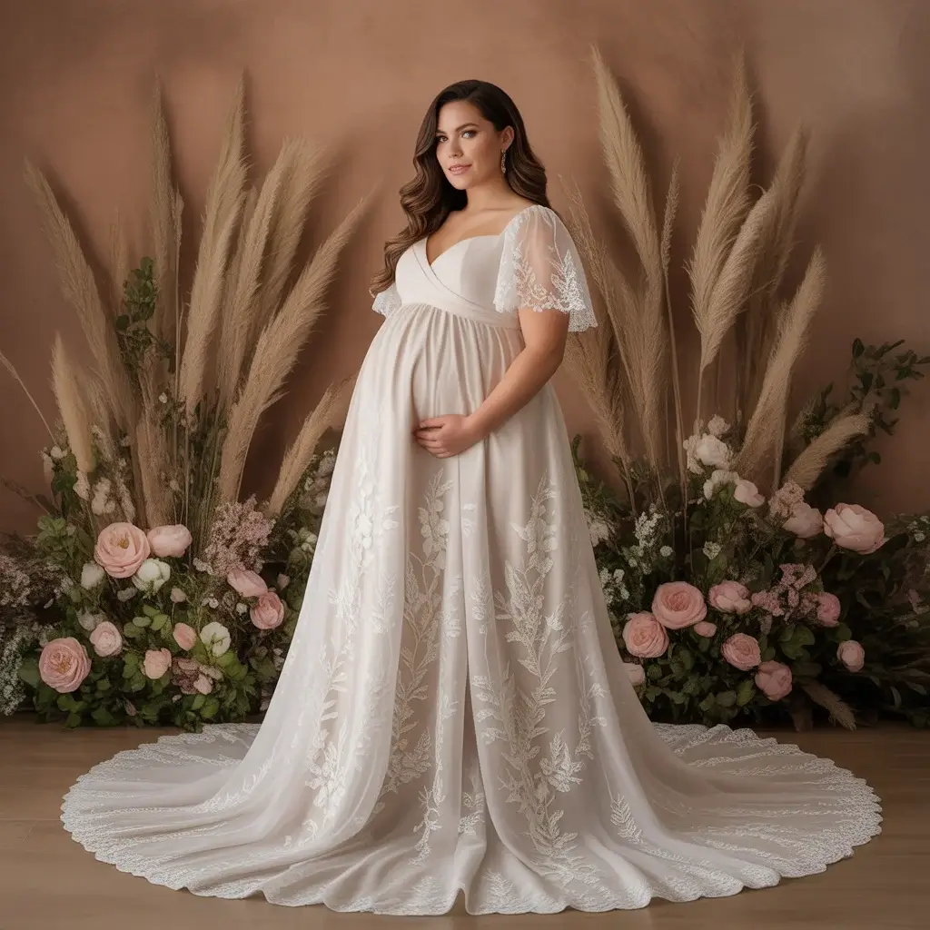Rustic floral embroidered maternity wedding dress