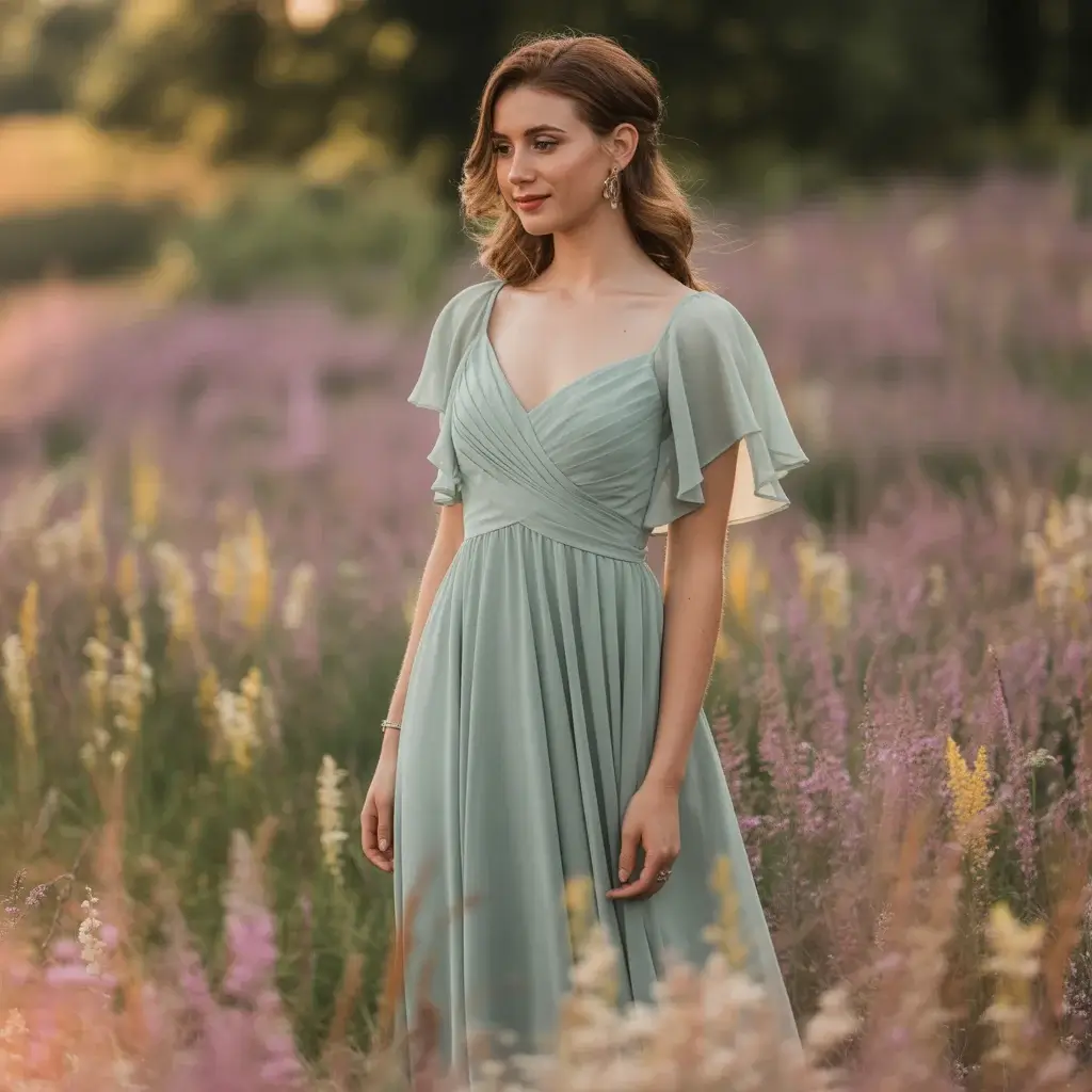 Sage Green Chiffon Dress with Flutter Sleeves