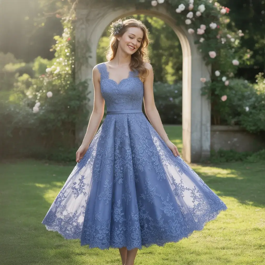Sapphire Blue Lace Tea-Length Dress
