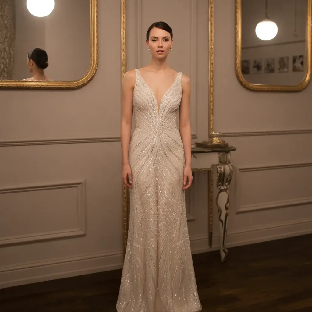 Top 15 Diamond Wedding Dresses That Are Sparkling on Pinterest 3 Sequined Diamond Sheath Wedding Dress With All Over Sparkle And Modern Elegant Silhouette