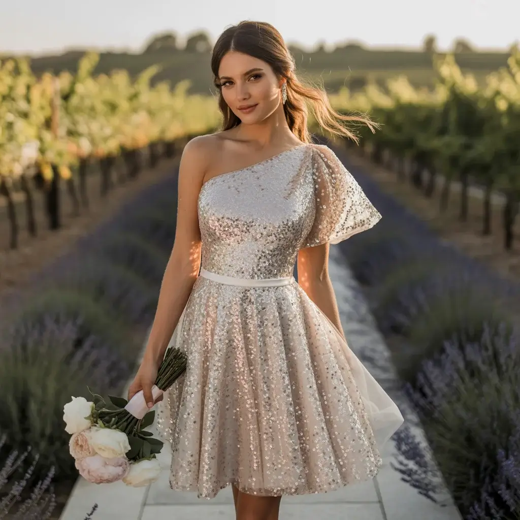 Sequined One Shoulder Cocktail Style wedding dress