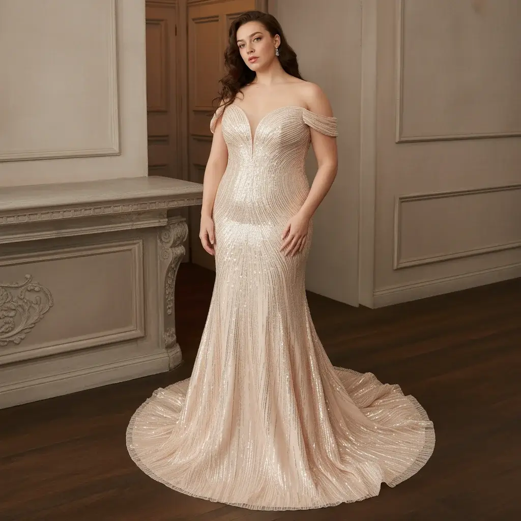 Top 17 Plus Size Mermaid Dresses That Are Trending Right Now 1 Sequined off-shoulder glamour mermaid gown plus size