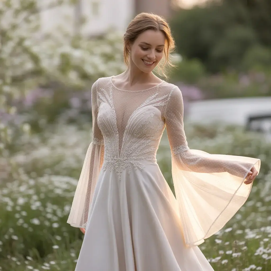 Sheer Bell Sleeve Illusion Dress