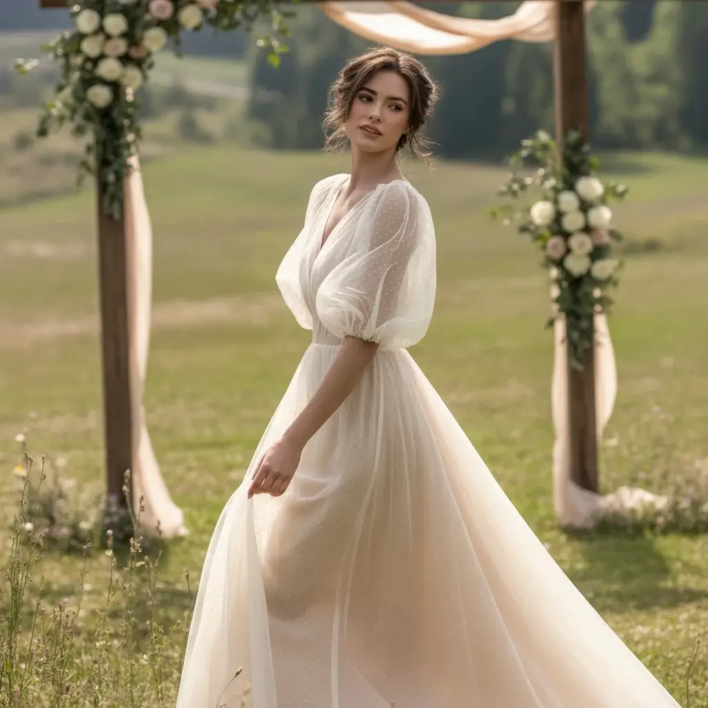 17 Wedding Dresses with Poofy Sleeves Brides Love 3 Sheer Bishop Sleeve A-Line Gown