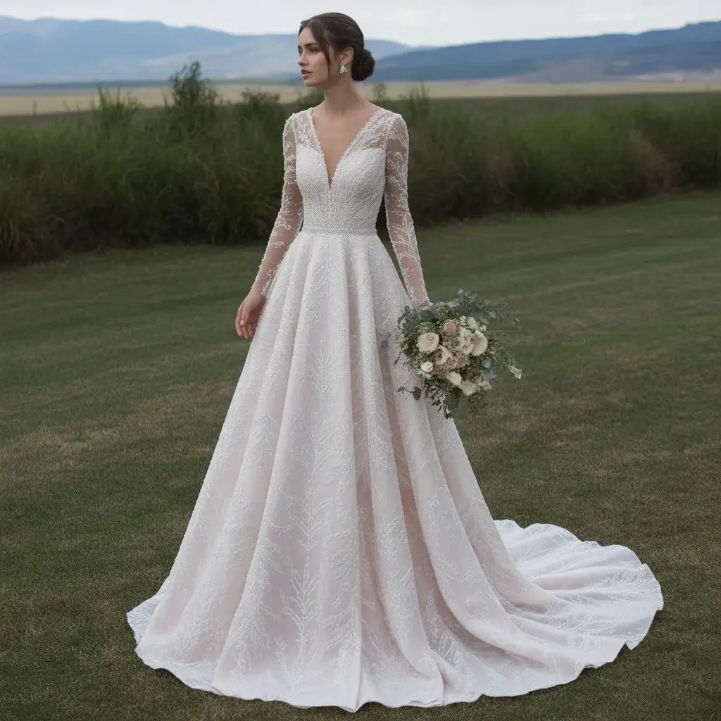 15 Long Sleeve V Neck Wedding Dresses Brides Are Pinning 11 Sheer Long Sleeve V Neck Trumpet Gown