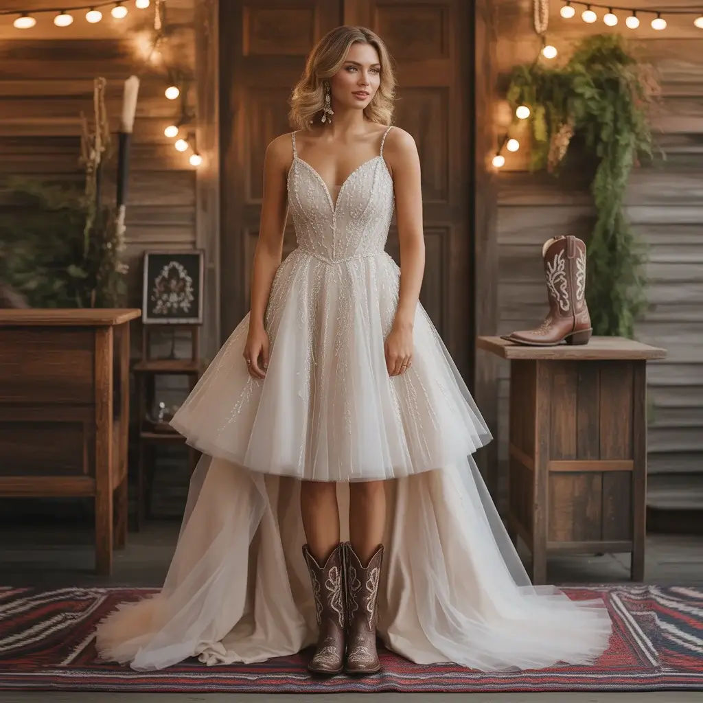 Short tulle wedding dress with beadwork paired with hand-tooled embroidered cowboy boots