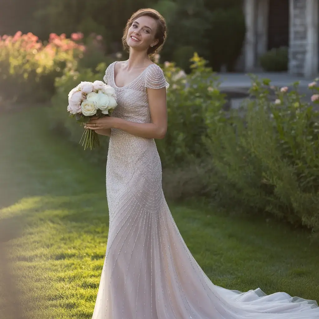 Silver Beaded Sheath Dress with Cap Sleeves