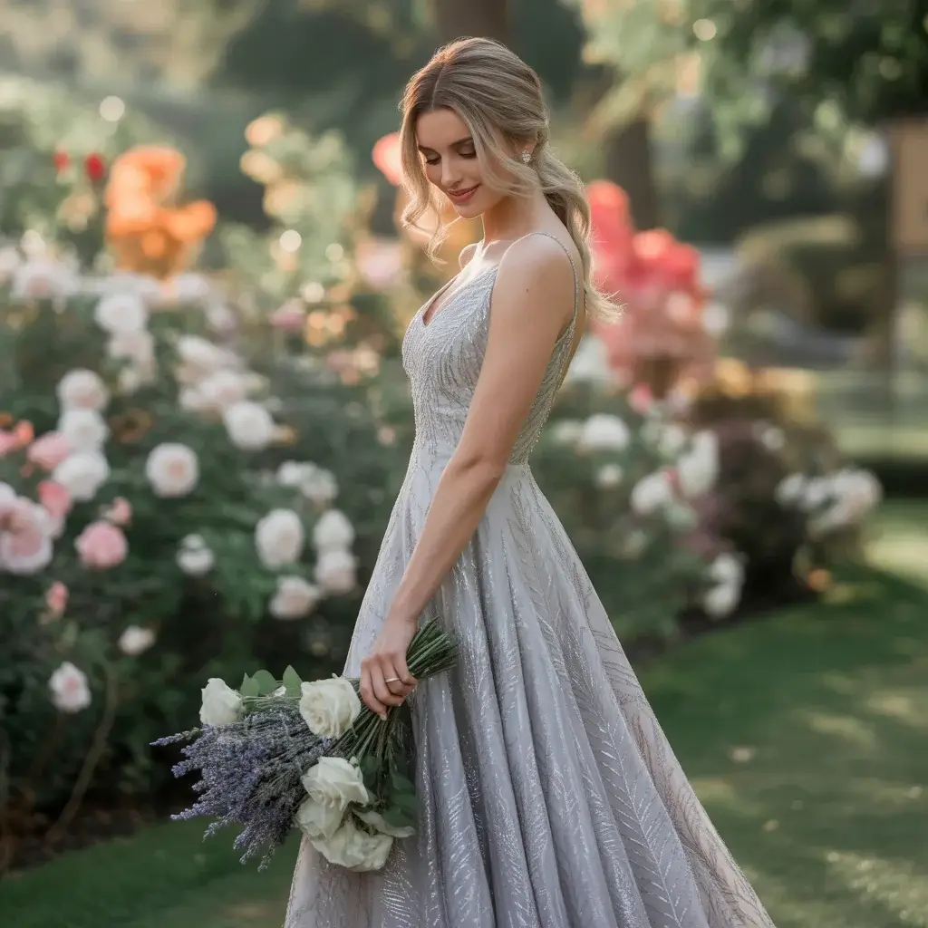 Silver Embroidered Fit-and-Flare Dress