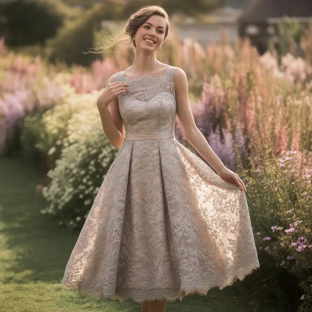 Silver Lace Overlay Tea-Length Dress