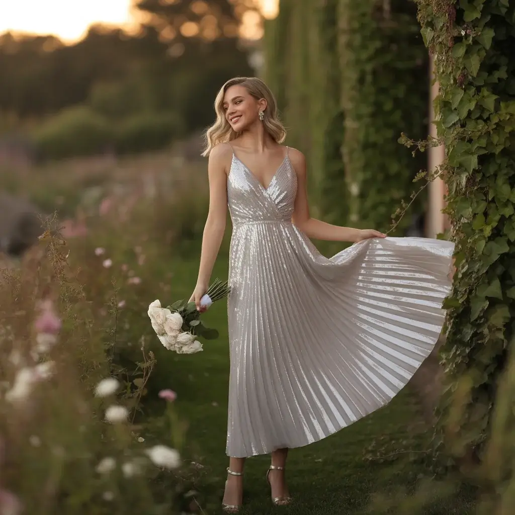Silver Pleated Midi Dress