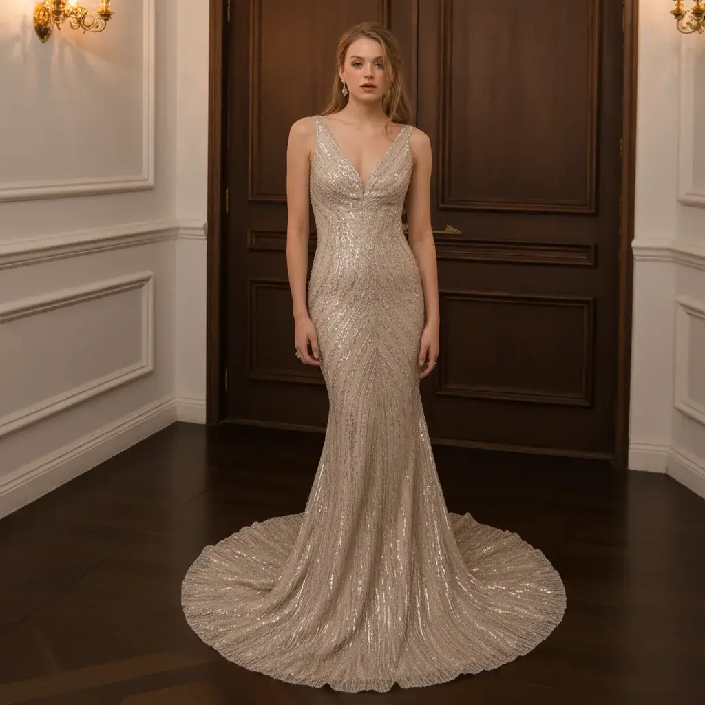 Top 15 Grey Bridal Dresses That Are Breaking Traditional Wedding Rules 2 Silver sequined mermaid dress with figure hugging silhouette